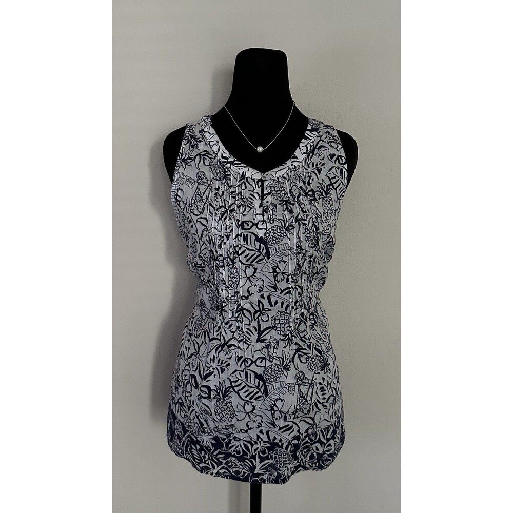 TALBOTS XS Top Blue White Tropical Linen Pintuck Yoke Sleeveless Shell Boho EUC